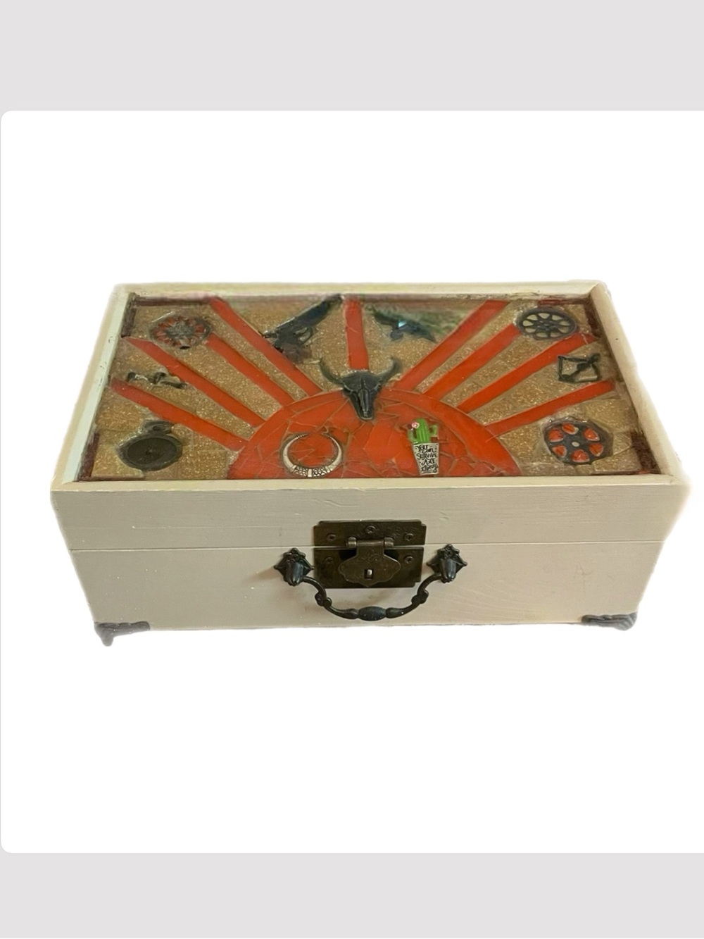 Hand Crafted Western Motif Mosaic Inside Mirrored Jewelry, safe-keeps box.